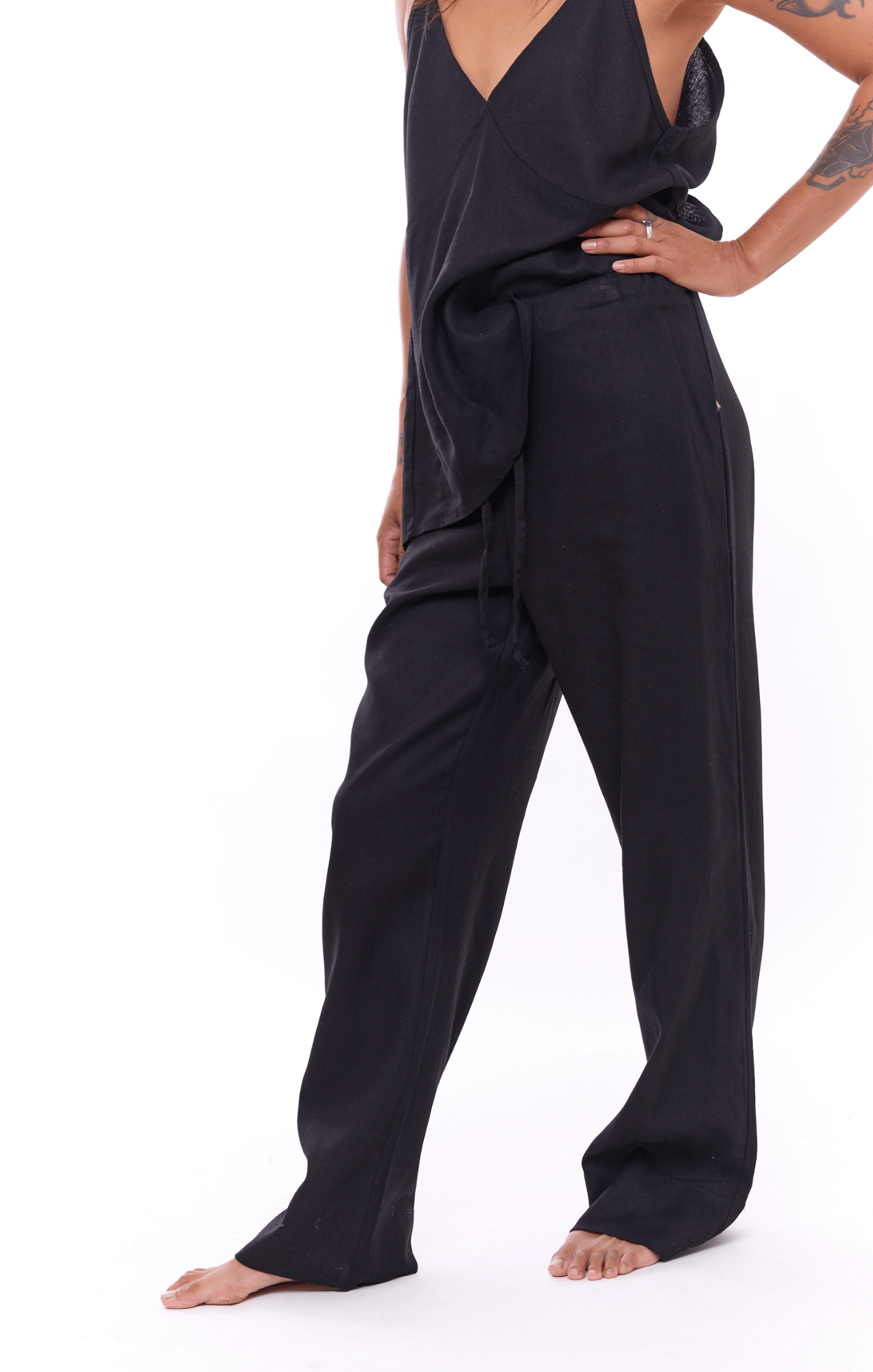 Black - Woman Linen Long Pants - GONSURFING