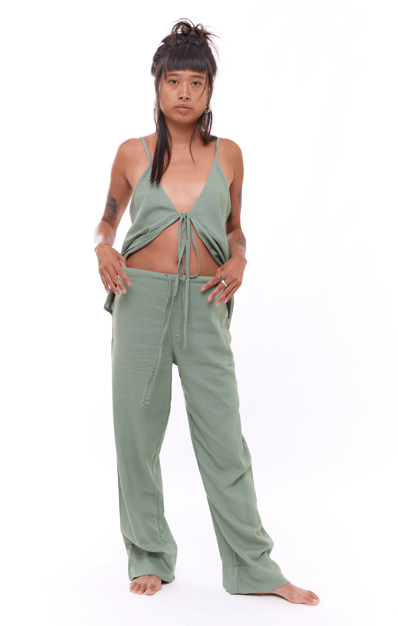 Green - Woman Linen Long Pants - GONSURFING