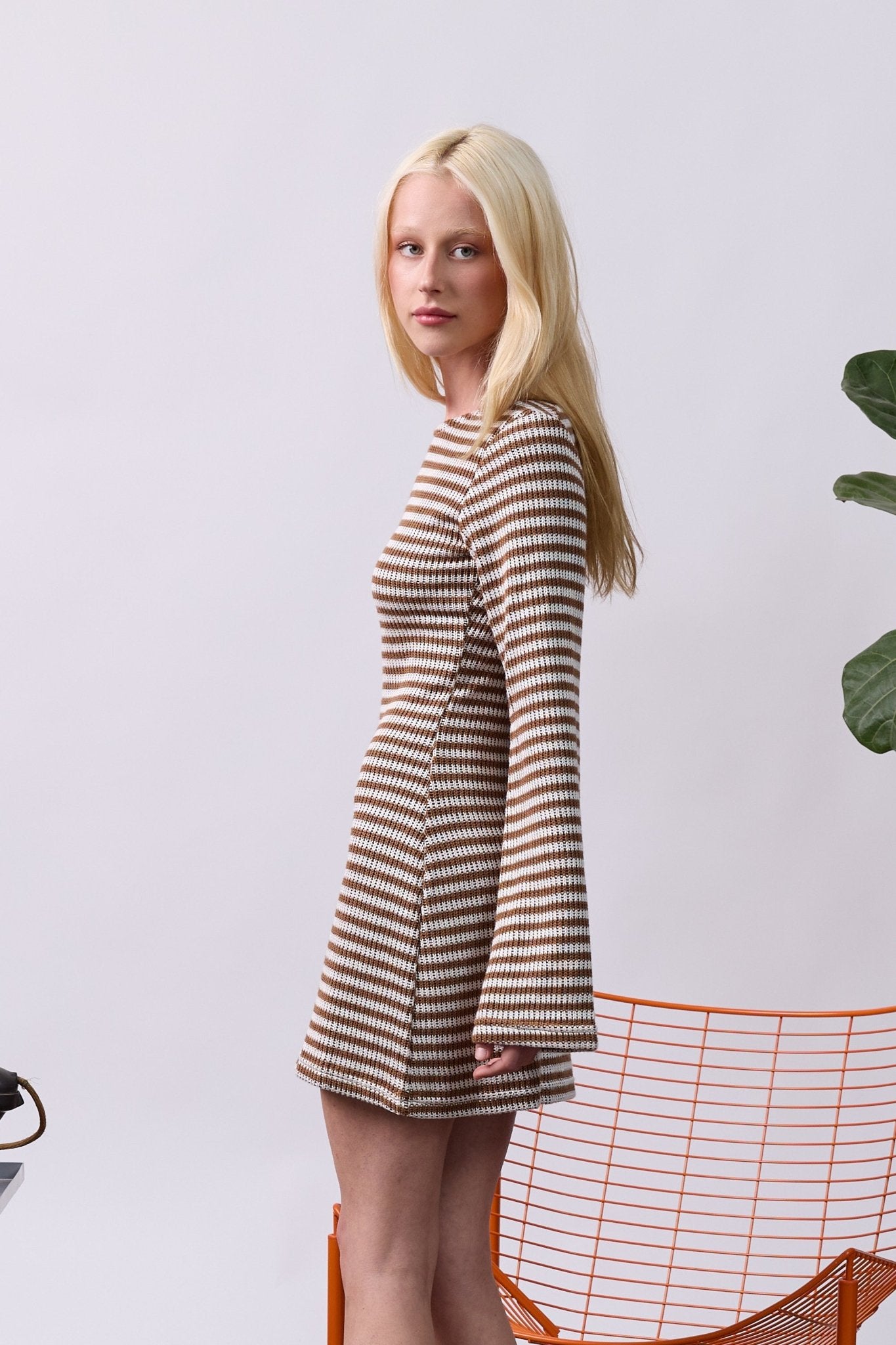 Knit Mini Dress - Camel Stripes - GON