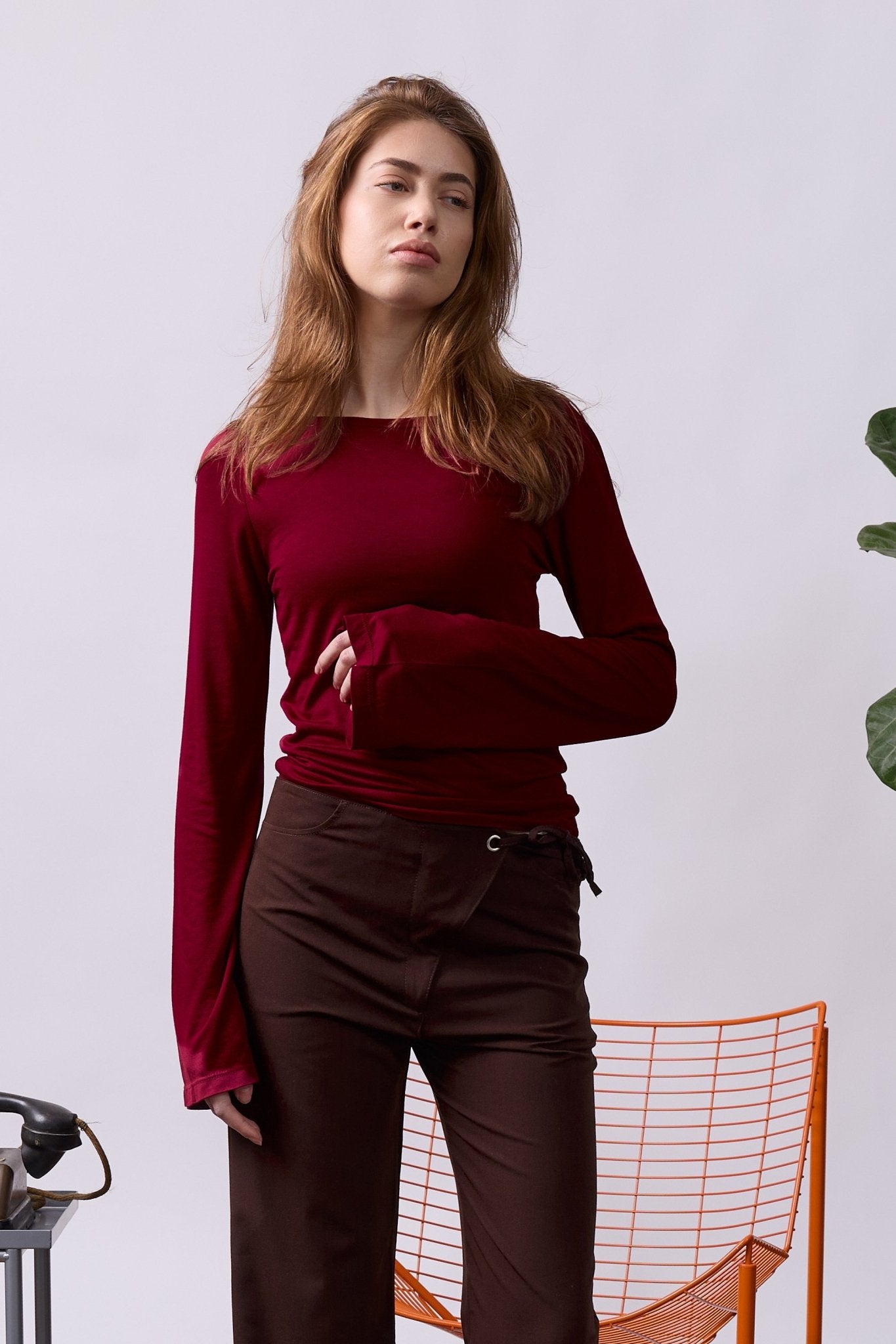 Off shoulder shirt - Wine, Burgundy - GON