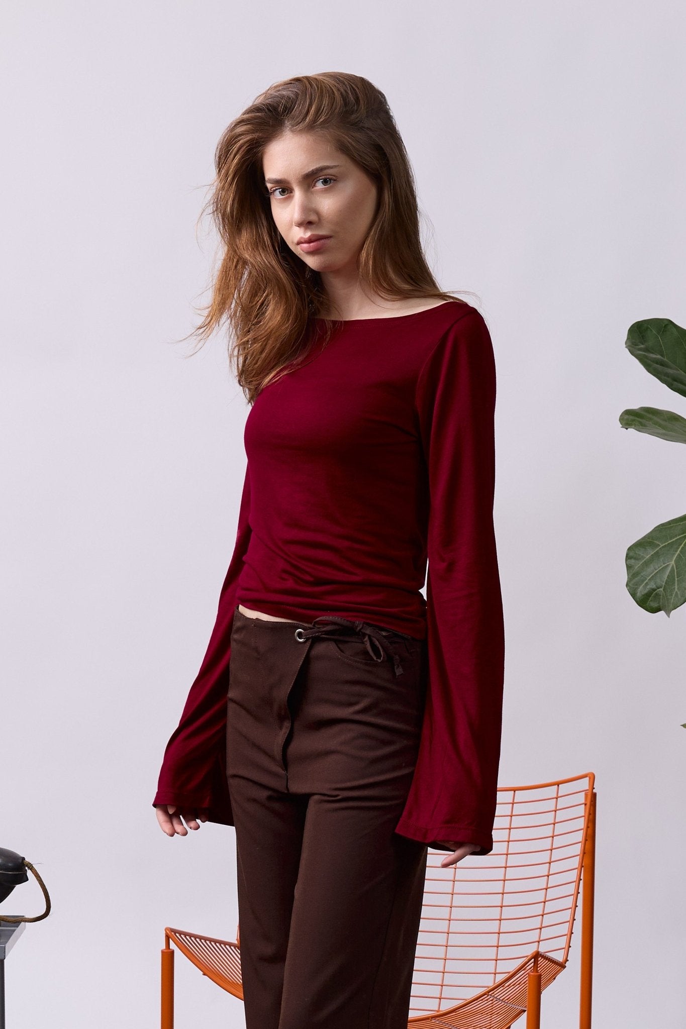Off shoulder shirt - Wine, Burgundy - GON