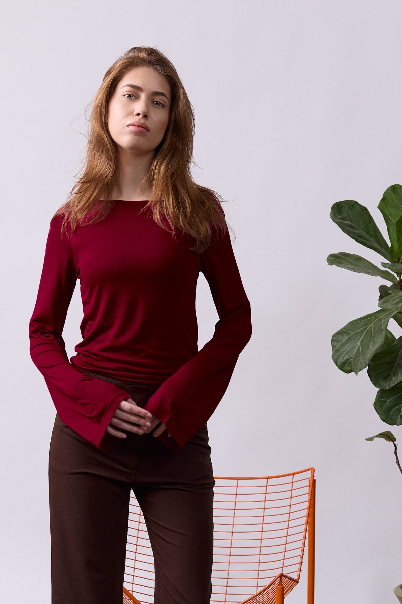 Off shoulder shirt - Wine, Burgundy - GON